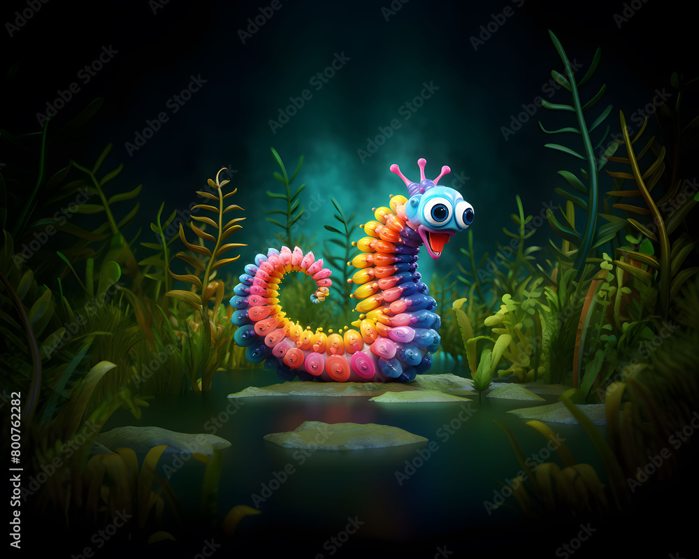 3d illustration of mythical worm in green forest in pastel color clay image 3d illustration of mythical worm in green forest in pastel color clay image