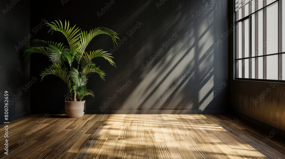 A large plant sits in a pot on a wooden floor in a room with a window. The room is empty and the plant is the only decoration A large plant sits in a pot on a wooden floor in a room with a window. The room is empty and the plant is the only decoration