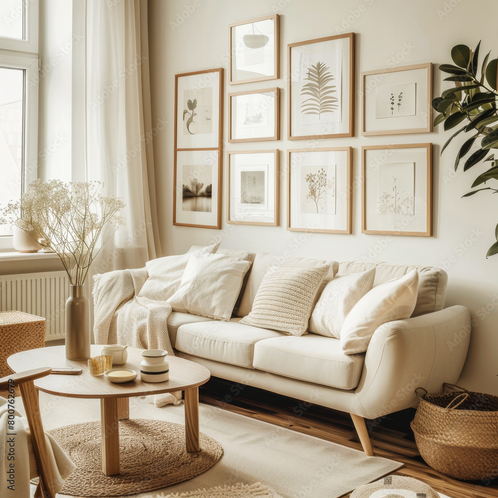 A living room with a white couch, a coffee table, and a vase of flowers. The room has a cozy and welcoming atmosphere A living room with a white couch, a coffee table, and a vase of flowers. The room has a cozy and welcoming atmosphere