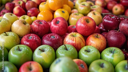 A pile of fresh apples of different colors and varieties