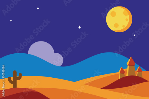 Moonlight Night In Desert Cartoon vector design