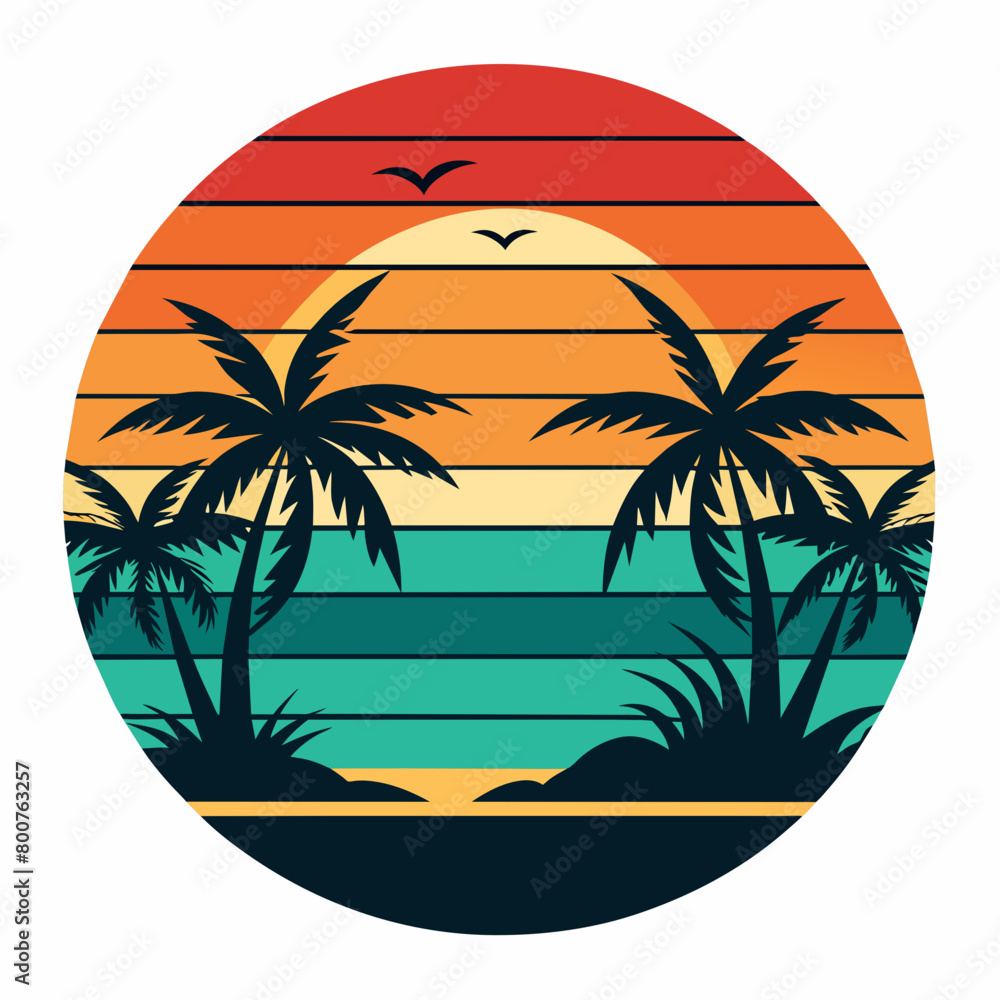 tropical island with palm trees, beach with palm trees vintage vector illustration with white background
