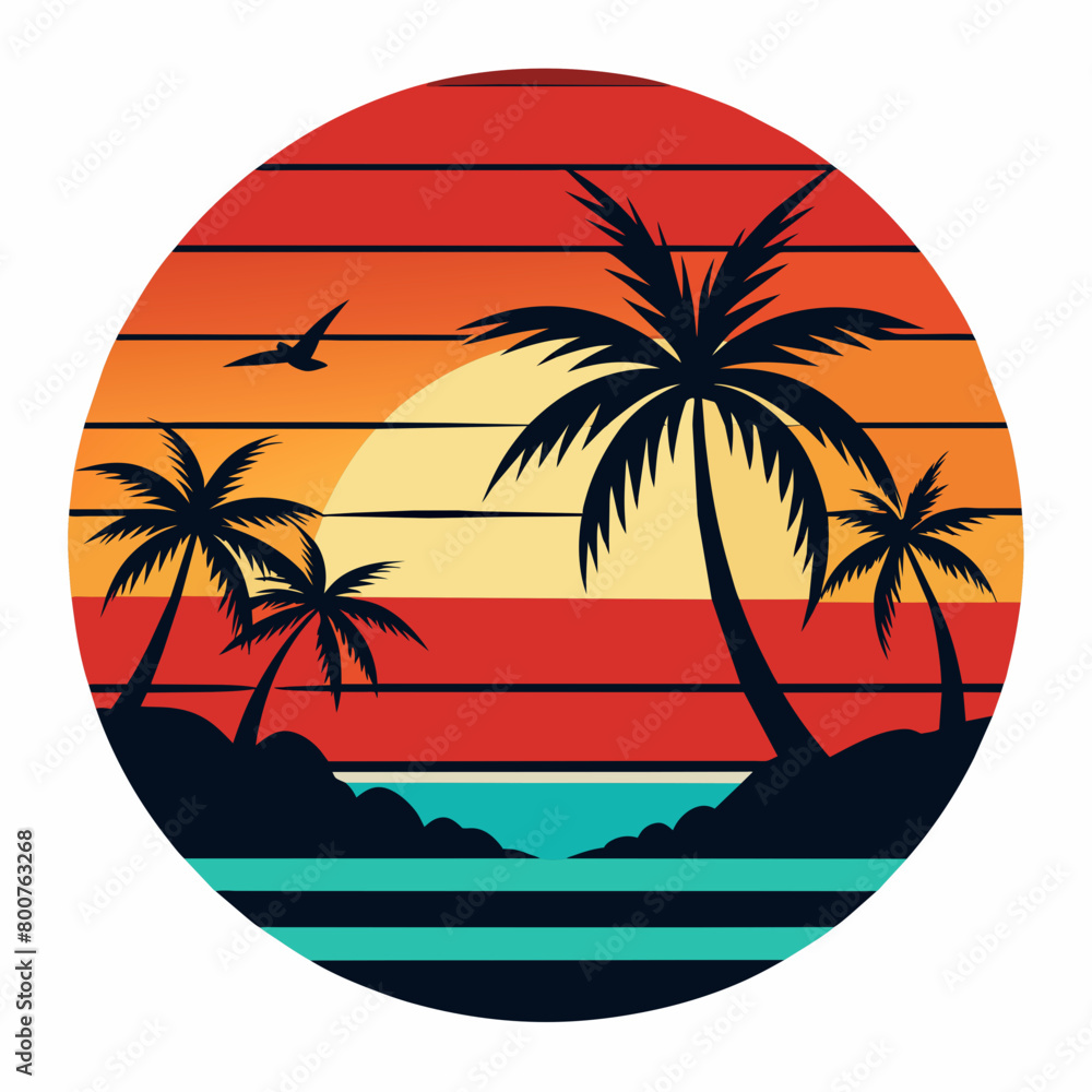 tropical island with palm trees, beach with palm trees vintage vector illustration with white background