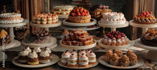 an assortment of cakes on top of many plates photo