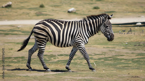 Close up zebra walking on field.