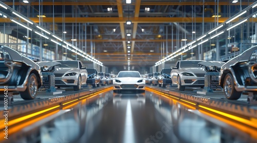 Modern car manufacturing factory, automobile assembly line, automotive industry, robotics in vehicle production, auto parts and machinery, engineering and technology in plant