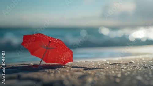  a red cocktail umbrella in the sand photo