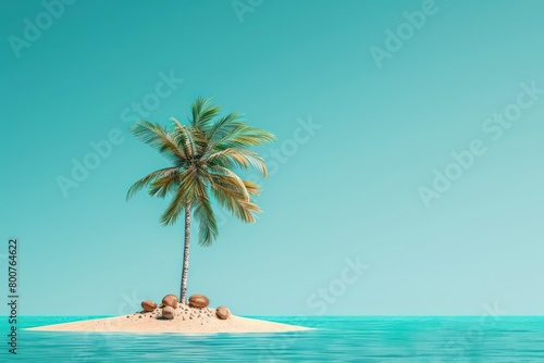 a palm tree on a sandy island with coconuts