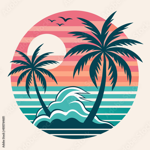 tropical island with palm trees  beach with palm trees vintage vector illustration with white background
