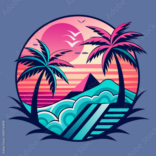 tropical island with palm trees, beach with palm trees vintage vector illustration with white background
