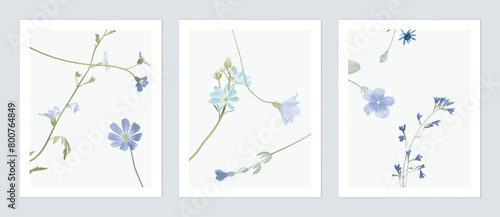 Floral wall art set, minimalist assorted blue wildflowers on grey background