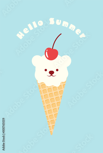 vector background with polar bear shaped ice cream cone with cherry for banners, cards, flyers, social media wallpapers, etc. © mar_mite_