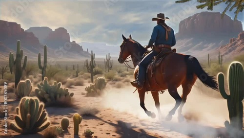 Cowboy on horseback in desert photo