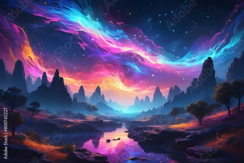 vibrant digital scenery featuring a starry sky and cascading light waves