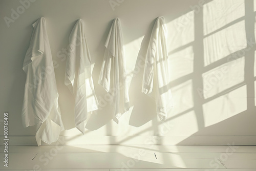 Clean and Fresh White Room with Towels Hanging on Wall in Front of Window © SHOTPRIME STUDIO