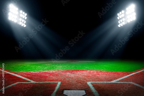Baseball field at night with bright floodlights and copy space.