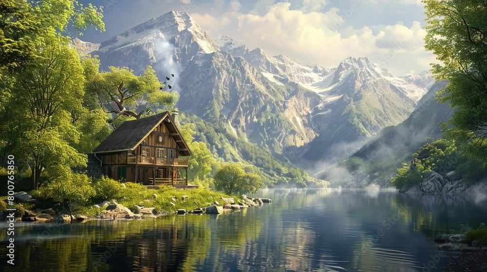 Wooden house by the serene lake amidst sun-kissed mountain scenery. Tranquil getaway.
Seamless looping 4k time-lapse virtual video animation background. Generated AI Wooden house by the serene lake amidst sun-kissed mountain scenery. Tranquil getaway.
Seamless looping 4k time-lapse virtual video animation background. Generated AI