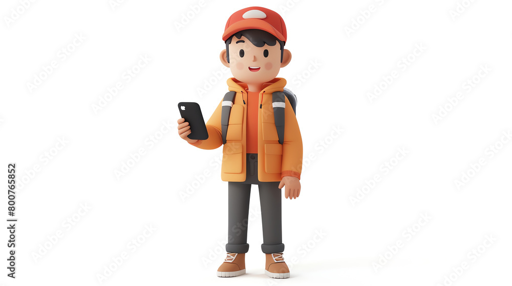 A digital 3D clipart of a person holding a smartphone, isolated on white