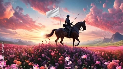 Soldier with white flag on horseback. photo