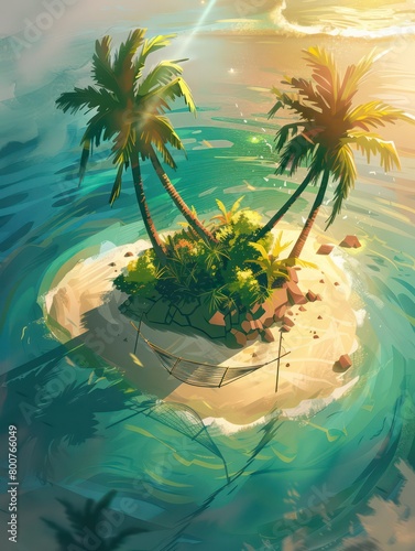 isometric view of a tiny island with a hammock hanging between two palms © beatriz