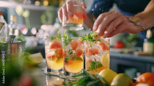 A person teaching a group of individuals how to create delicious mocktails using fresh fruit and herbs.