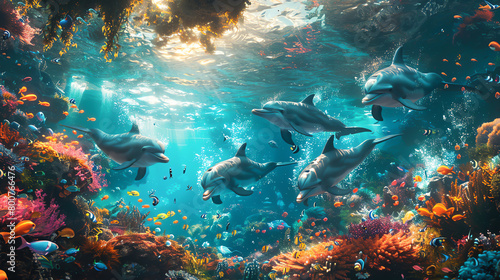 A magical underwater scene with children and mermaids swimming with dolphins