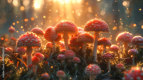 A mystical fairy ring with mushrooms that have caps of spun sugar under a dreamy sky photo