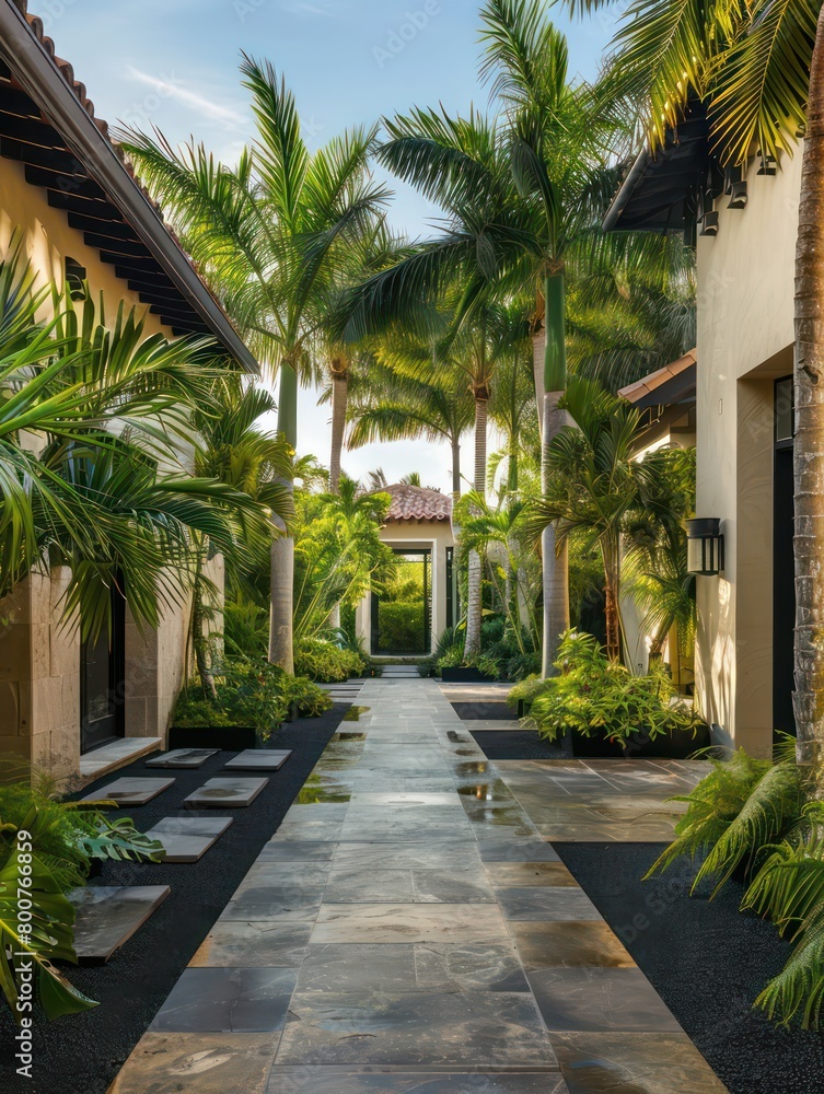 Modern stone walled courtyard with palms