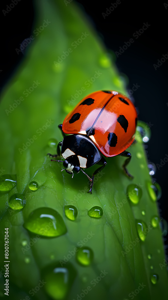 Fototapeta premium Ladybug with water droplets on leaf