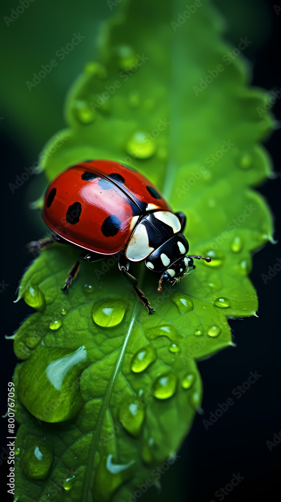 Obraz premium Ladybug with water droplets on leaf