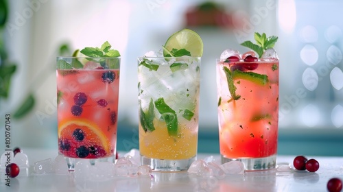 A trio of colorful and creative mocktails including a ginger citrus fizz a berry basil mojito and a cranberry sage spritz each paired with a delicate amusebouche. photo