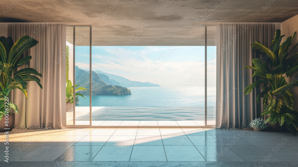 Fototapeta premium A large window in a room with a view of the ocean. The curtains are white and the room is empty