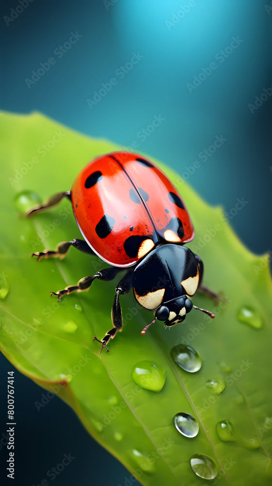 Fototapeta premium Ladybug with water droplets on leaf