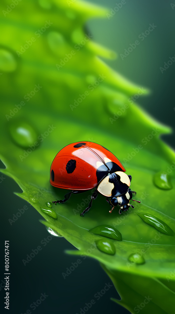 Fototapeta premium Ladybug with water droplets on leaf