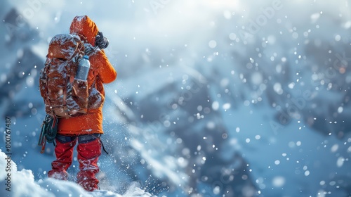 Photographer drinking water from a water bottle on a snowy mountain