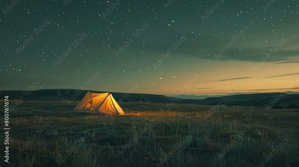 Starry Night: Illuminated Tent amidst Dark Yellow Fields Starry Night: Illuminated Tent amidst Dark Yellow Fields