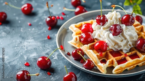 Plate of waffles with whipped cream and cherries  photo