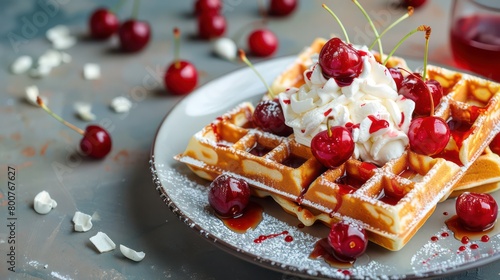 Plate of waffles with whipped cream and cherries  photo