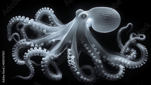 A black and white x-ray of a large octopus