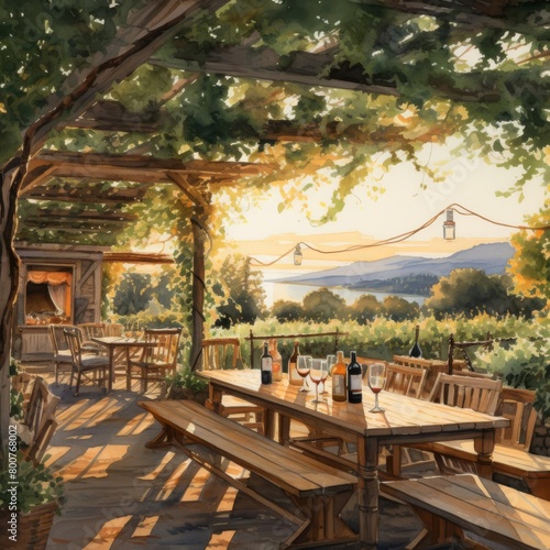 A rustic outdoor dining setup in a vineyard, with tables set among the grapevines, wine tasting as the sun sets on a warm summer evening © PRANG
