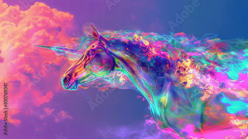 Painting of a multicolored unicorn with a rainbow mane.