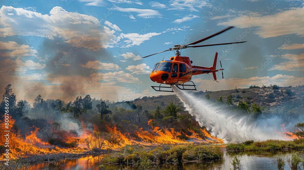 A helicopter releasing water to extinguish a wildfire in a forested area under a cloudy sky. A helicopter releasing water to extinguish a wildfire in a forested area under a cloudy sky.