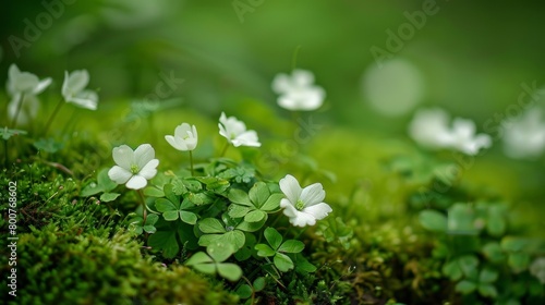 A of delicate white flowers growing on a bed of soft mossy ground showcasing a contrast of fragile and velvety textures..