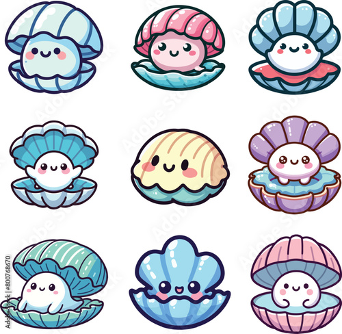 set collection cute kawaii cartoon vector clam shell 