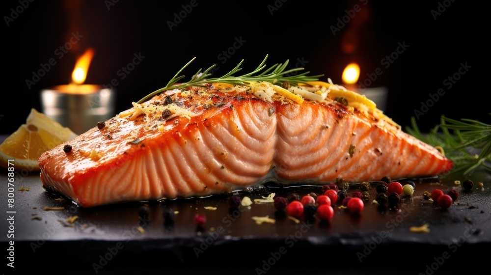 Freshly grilled salmon, served attractively, with a kitchen background Freshly grilled salmon, served attractively, with a kitchen background