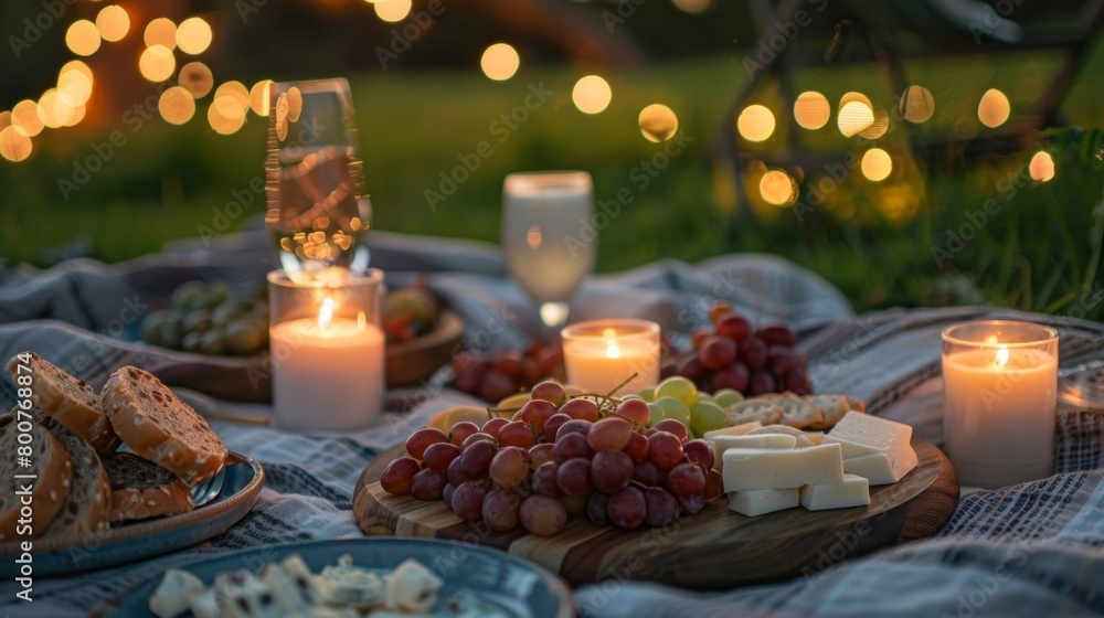 The soft glow of the candles highlights the delicious spread of food on the picnic blanket tempting the couples tastebuds. 2d flat cartoon.