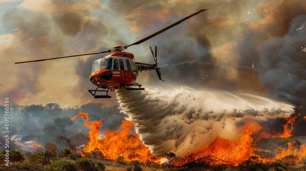 Fototapeta premium A helicopter dropping water on a large wildfire to control the spread of flames amidst dense smoke.
