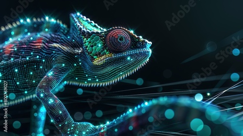 Digital chameleon in neon colors. Big data visualization. Information aesthetic design. Animal learning. Generative AI