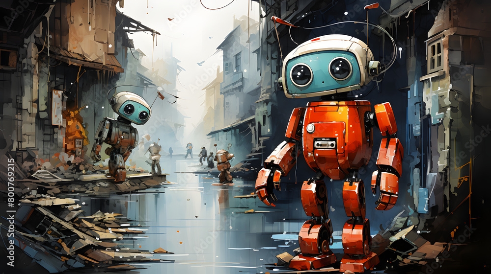 Fototapeta premium Construction Robots watercolor