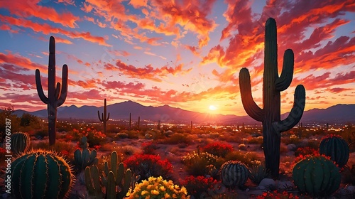 Sunset Celebration: A warm and inviting poster with cacti celebrating Cinco de Mayo under a beautiful Mexican sunset

 photo